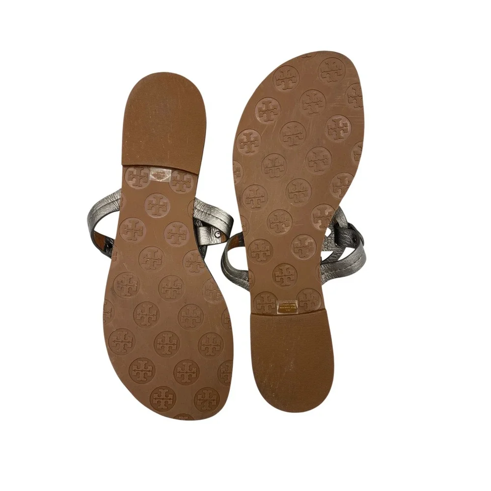 Tory Burch Miller Metallic Pewter Silver Leather Logo Thong Sandals Shoes 9M